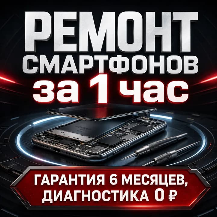Квадратный баннер сервисного центра для ВК Реклама 1080×1080: «Ремонт смартфонов за 1 час», «Гарантия 6 месяцев, диагностика 0 ₽»