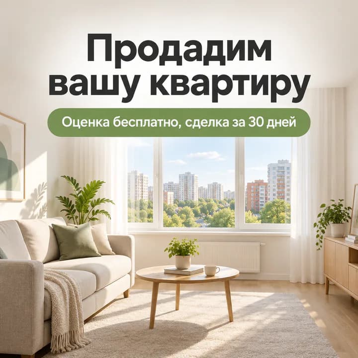 Квадратный баннер агентства недвижимости для Яндекс Директ 1080×1080: «Продадим вашу квартиру», «Оценка бесплатно, сделка за 30 дней»