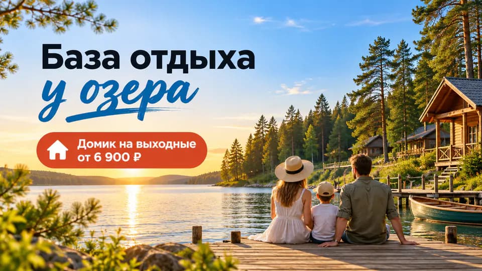 Горизонтальный баннер базы отдыха для ВК Реклама 1080×607: «База отдыха у озера», «Домик на выходные от 6 900 ₽»