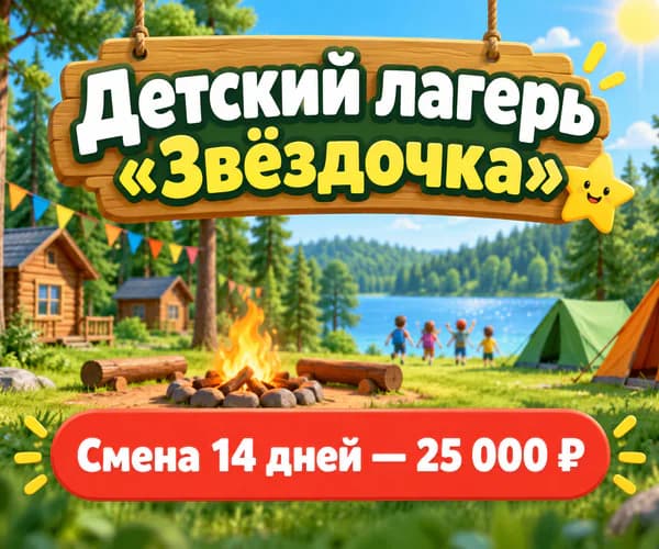 Баннер РСЯ 300×250 детского лагеря с домиками у леса и озера: «Детский лагерь «Звёздочка»», «Смена 14 дней — 25 000 ₽»
