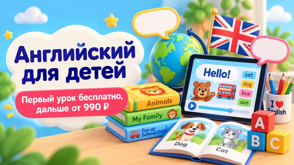 Широкоформатный баннер детской онлайн-школы английского для Яндекс Директ 1920×1080: «Английский для детей», «Первый урок бесплатно, дальше от 990 ₽»