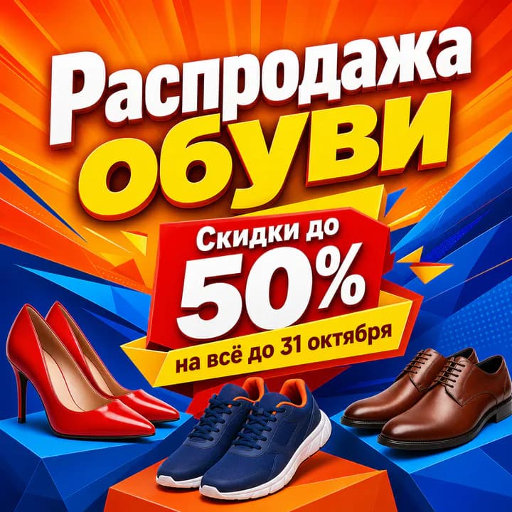 Пример: квадратный баннер для Яндекс Директа 1080×1080, сделанный нейросетью, — «Распродажа обуви», «Скидки до 50% на всё до 31 октября»